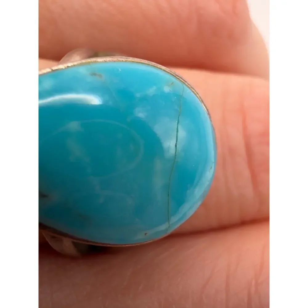 Vintage Sterling Silver 925 MK Thailand Pear Turquoise Cabochon Ring Size 8